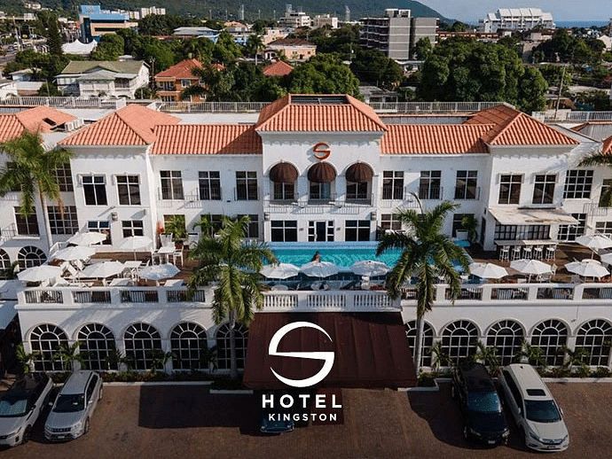 An image of our hotel in Kingston featuring an icon that elegantly showcases the hotel name above it - S Hotels, Jamaica