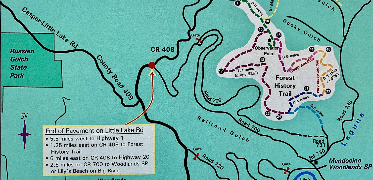 A trail map displaying various hiking routes and landmarks in a forested area.