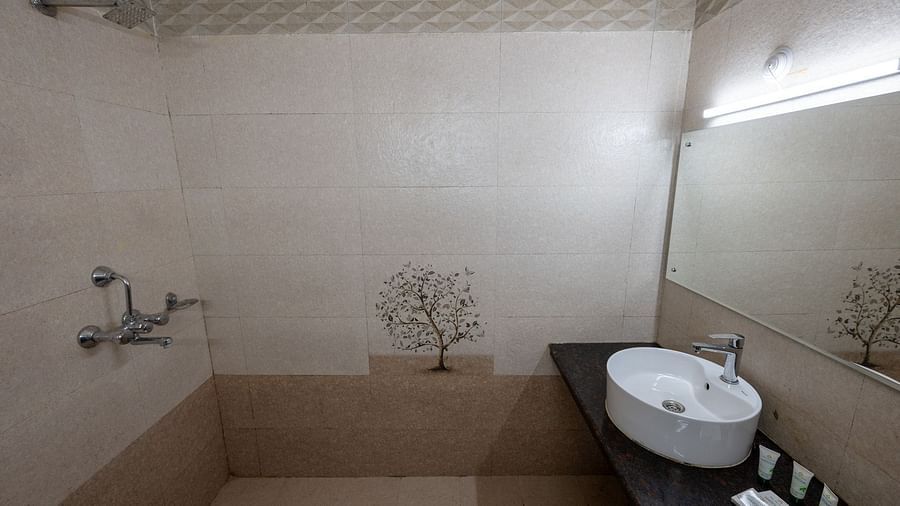 Washroom with a sink and a wall-mounted mirror at Himalaya Hotel, Nainital