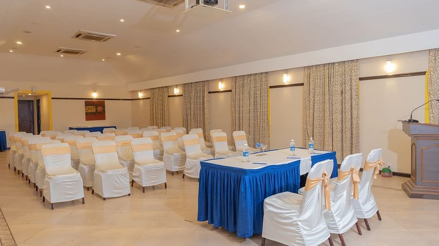 View of chairs aligned Chairs set in a U-shaped seating at Opera Banquet Hall at Kyriad Prestige Calangute, Goa