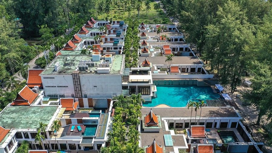 bird eye vie of the beautiful maikhao dream villa resort in phuket showcasing the individual villas in the property