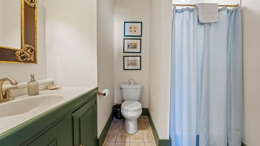 Bathroom with vanity, toilet, and blue shower curtain at Hartstone Inn