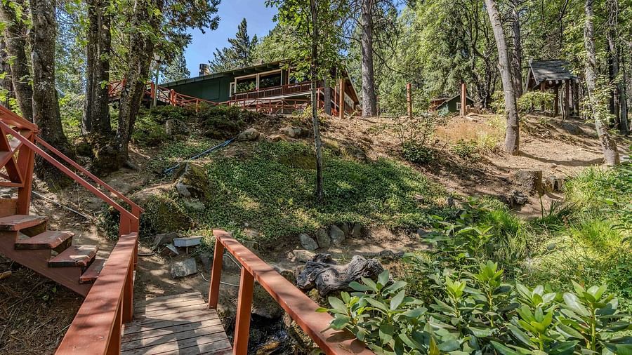 A view of a cabin at Narrow Gauge Inn surrounded by greenery.