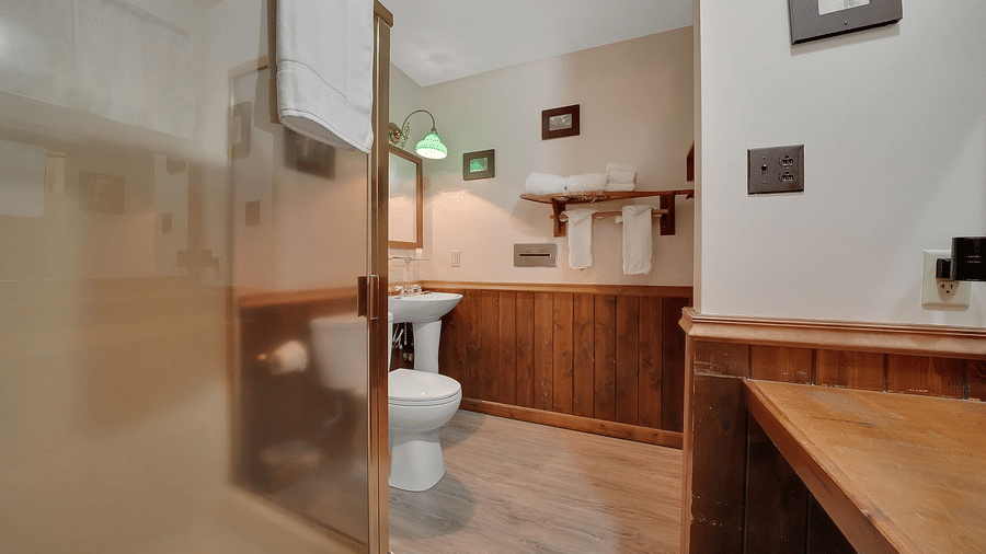 A view of a washroom at Narrow Gauge Inn with a separate shower cubicle.