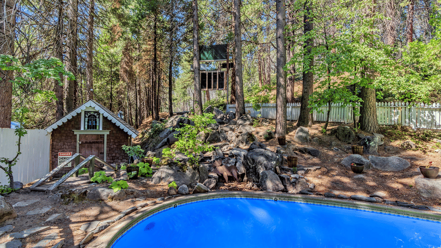 Outdoor swimming pool area at Narrow Gauge Inn surrounded by trees.