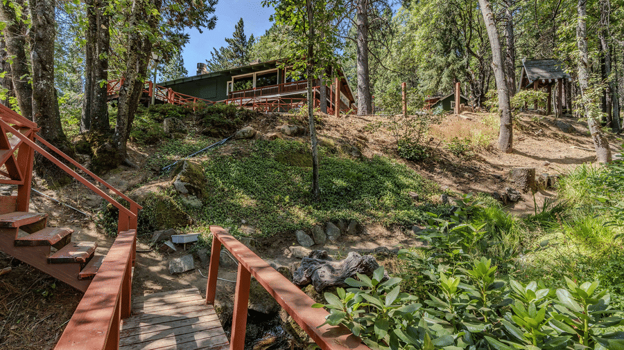 A view of a cabin at Narrow Gauge Inn surrounded by greenery.