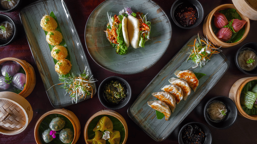 An assortment of Asian appetizers including dim sum and dumplings served on dark platters at Rhino & River Wildlife Retreat & Spa, Pobitora.