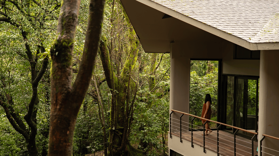 A balcony at Stanley Leisure with glass doors, wooden railings, and forest views surrounding the building.