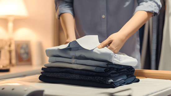A close up shot of a man folding clothes.