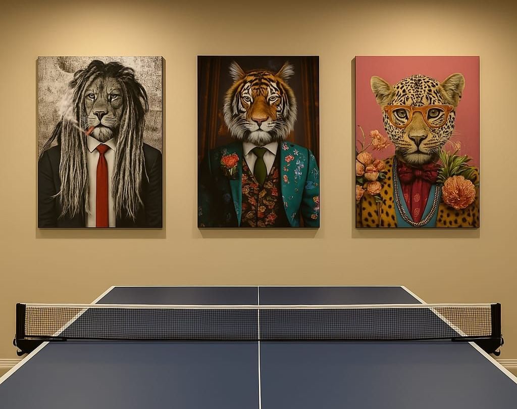 Indoor games room with a table tennis setup and vibrant animal artwork at The Chamomile Estate.