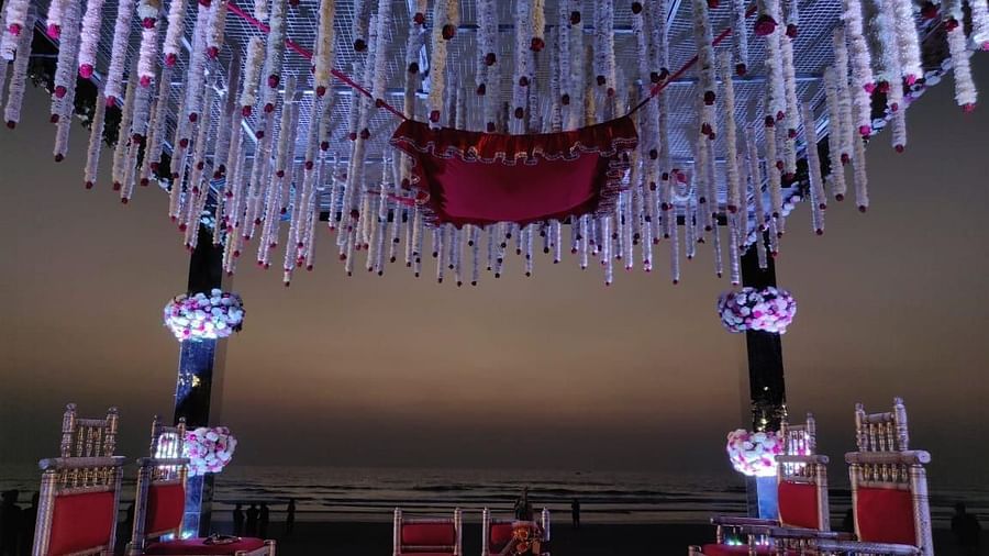 The decorated roof of an outdoor wedding podium near the beach - destination wedding in Goa - Caravela Beach Resort, Goa
