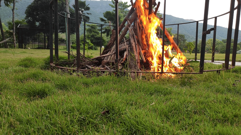 Large bonfire set in the middle of a grassy field with trees and mountains in the background, creating the perfect setting for a barbeque in Coimbatore | Black Thunder