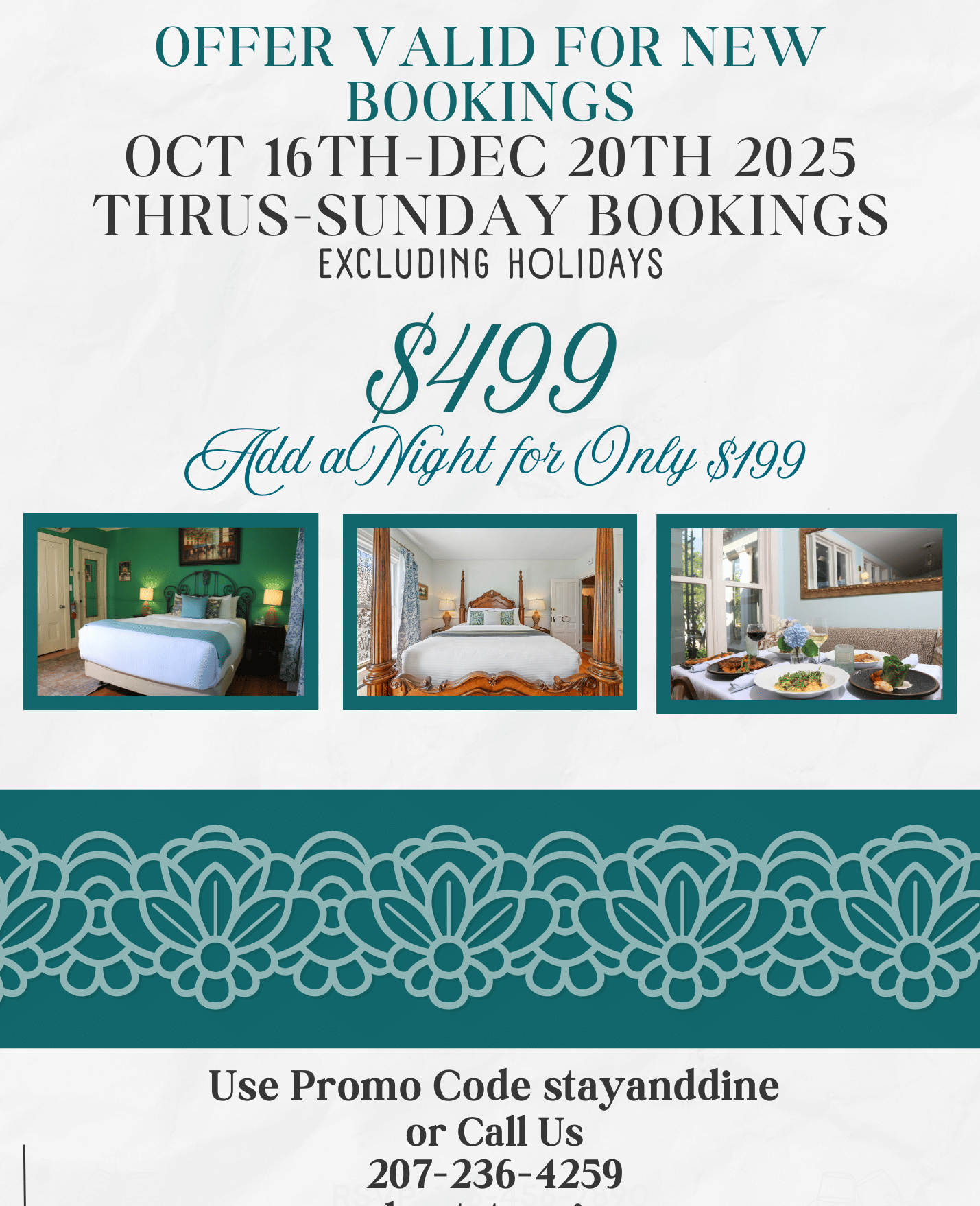 A flyer detailing the Hartstone Inn special offer featuring the rates and validity of the same, along with three small photos of rooms, dining, and contact information.