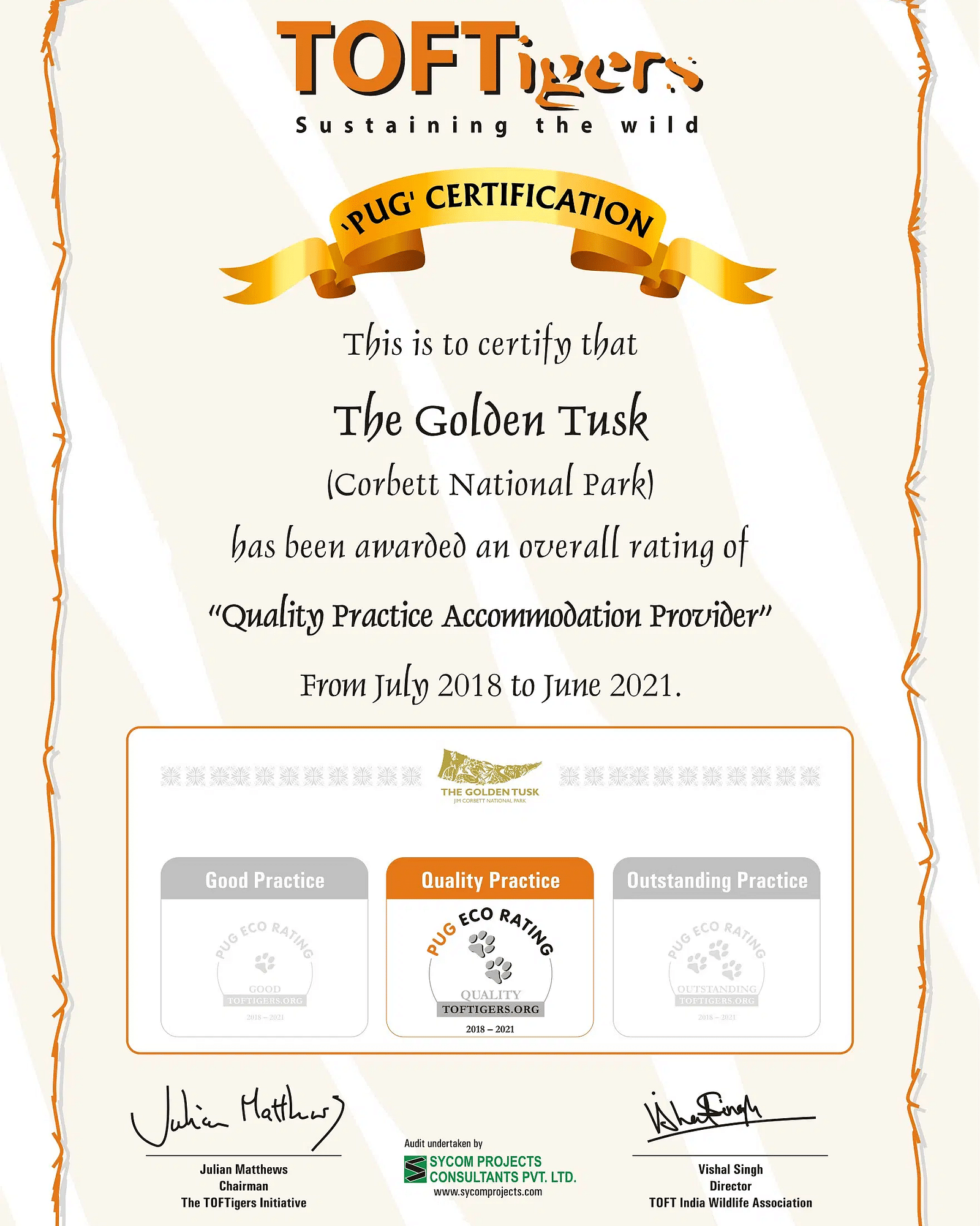 A certificate certifying the Golden Tusk Resort  for quality practice accommodation provider by TOFTigers in 2018.