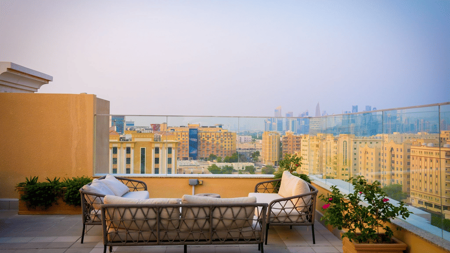 A terrace view overlooking Doha’s skyline from La Maison Hotel, Doha.
