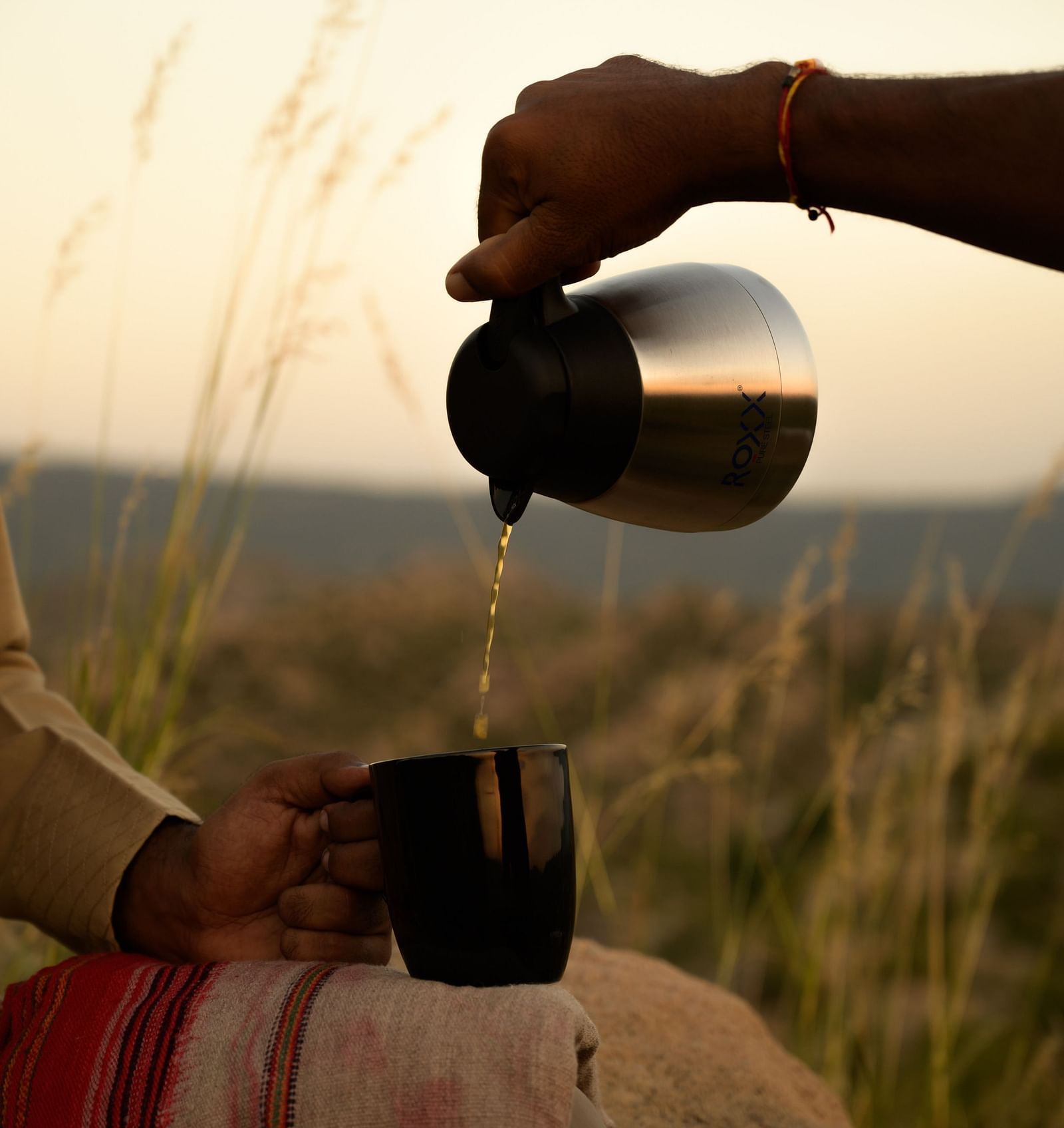 An image of a two men where one is pouring tea for the other in a cup - Utsav Camp Sariska