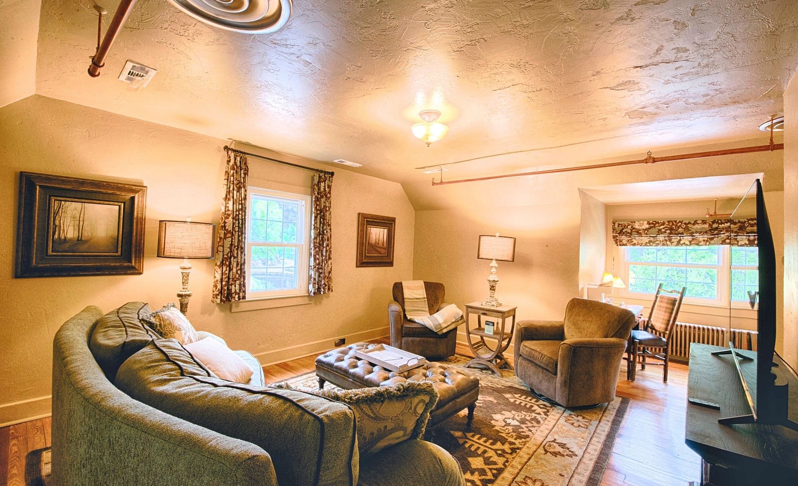 a luxurious living area with ample natural lighting in the room featuring a beautiful carpet under the couch - Historic Tapoco Lodge