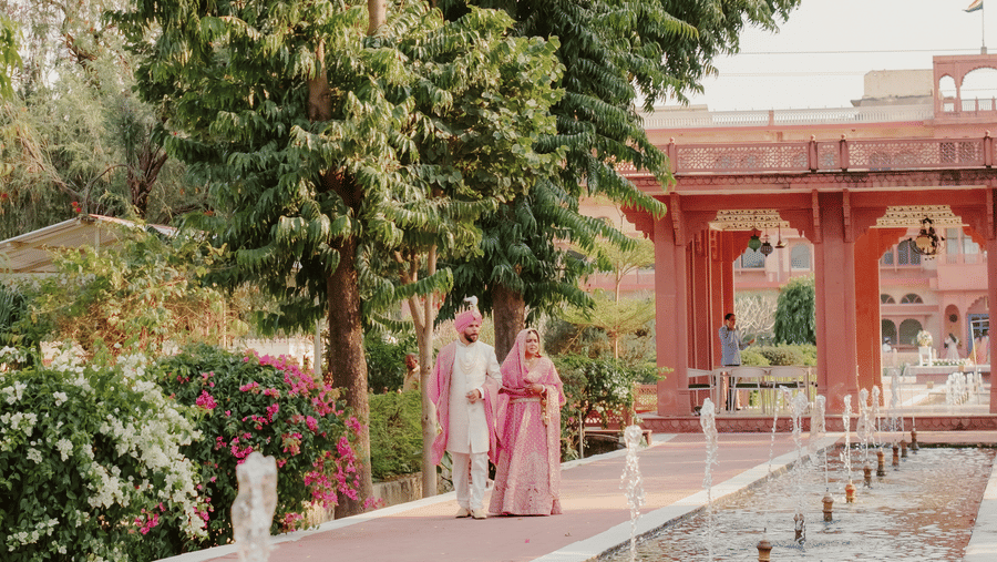 Umaid Palace garden water feature with floral decor at Jaswinder and Ritika’s wedding