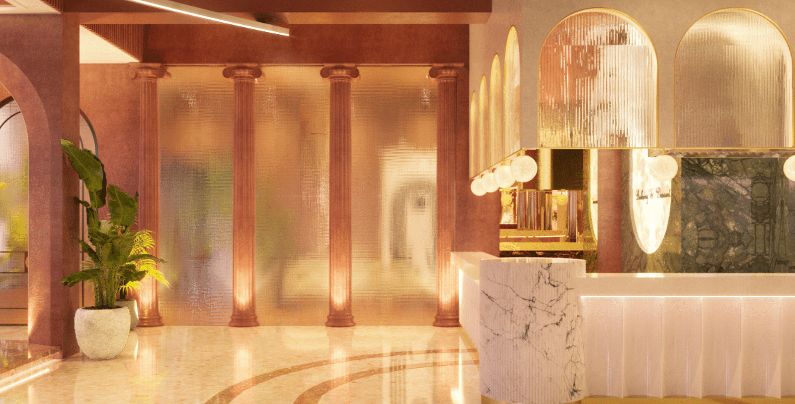 An image of beautifully designed lobby featuring a reception desk - Themis Barbecue House Ambala