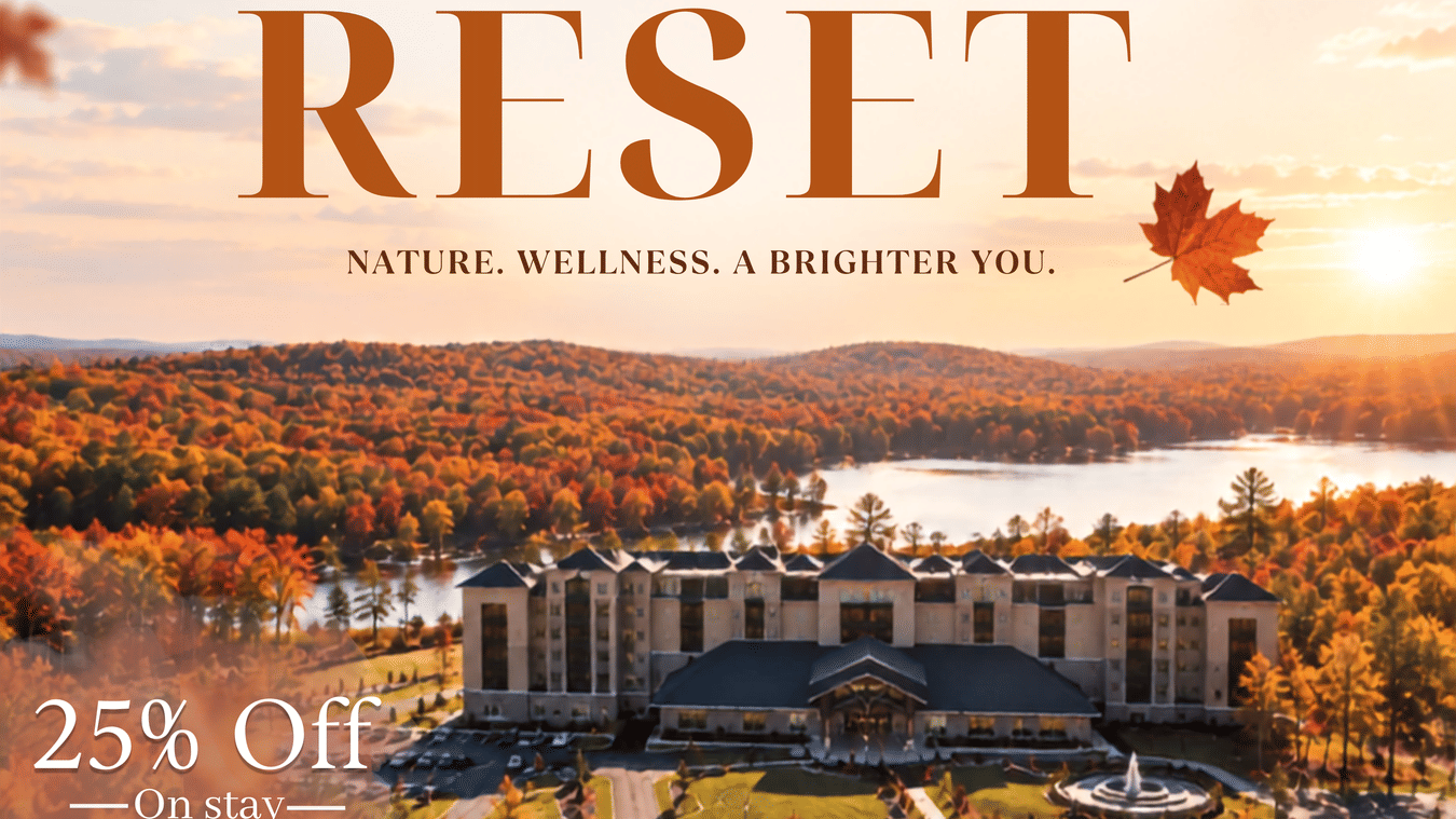The Golden Getaway: Your Fall Retreat at YO1 Longevity & Health Resorts - aerial view of the resort surrounded by autumn foliage in the Catskills with a 25% off on stay offer