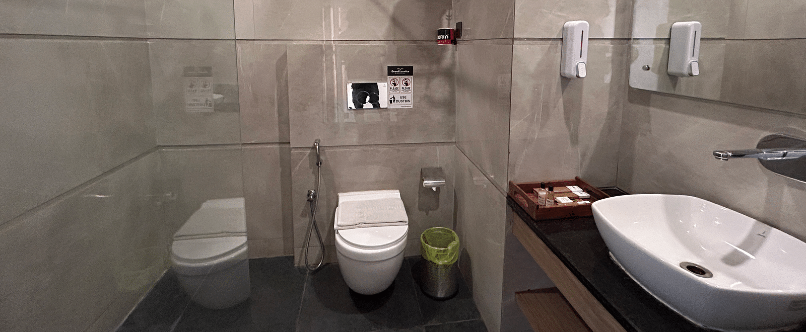 Front view of the bathroom of the deluxe room featuring a commode and the wash basin at DLS Grand Luxotica, Dehradun