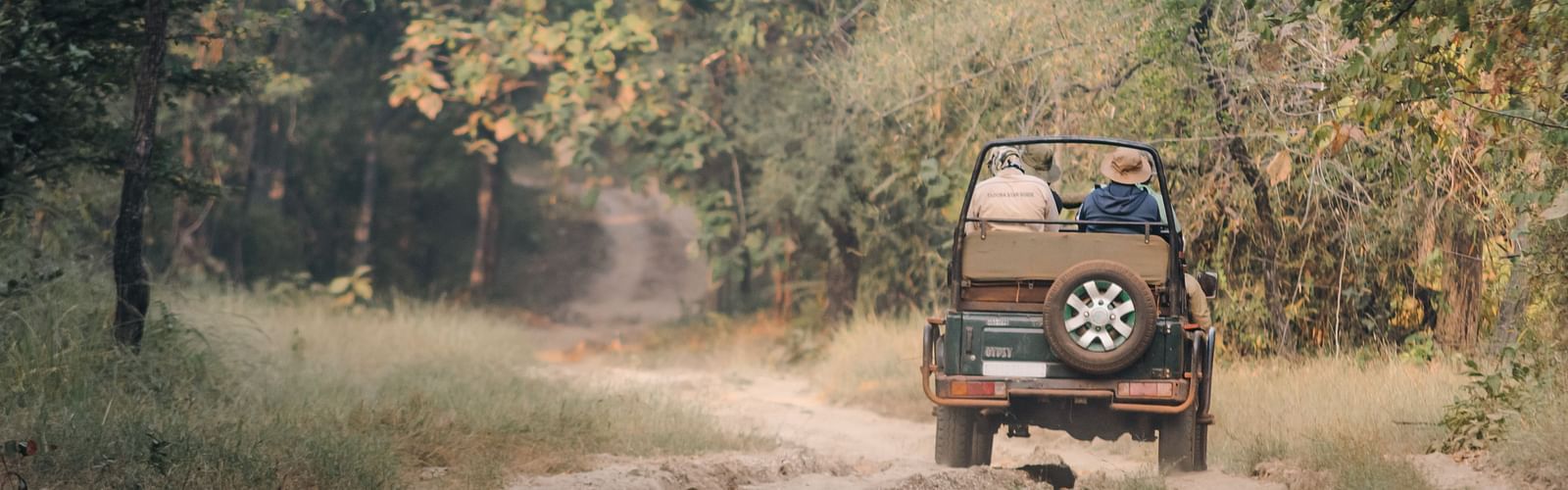 A Jeep travelling on a mud road on a safari ride at Trees N Tigers, Tadoba.