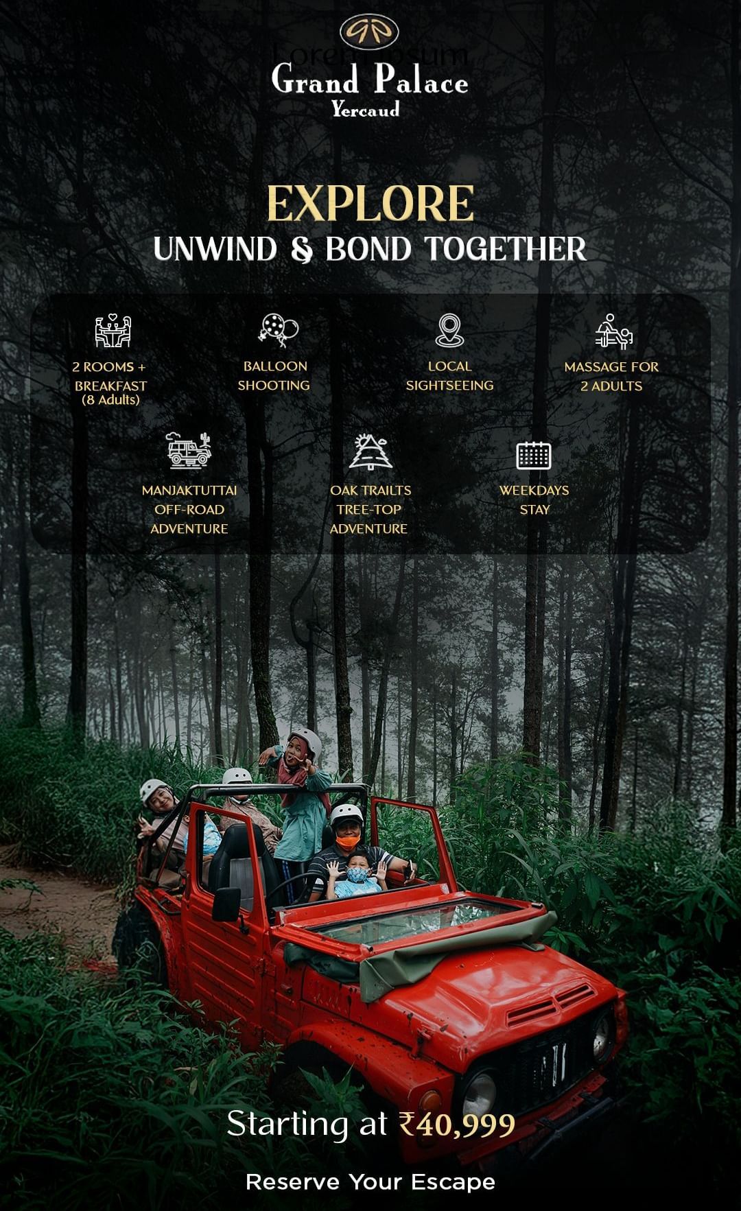 A group adventure in a red jeep through a forest, showcasing Grand Palace Hotels explore, bonding and living together experience
