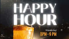 Promotional poster for happy hour featuring a glass filled with a beverage, with the offer timings from 5pm to 9pm on weekdays, all day on weekends, and other contatct information.