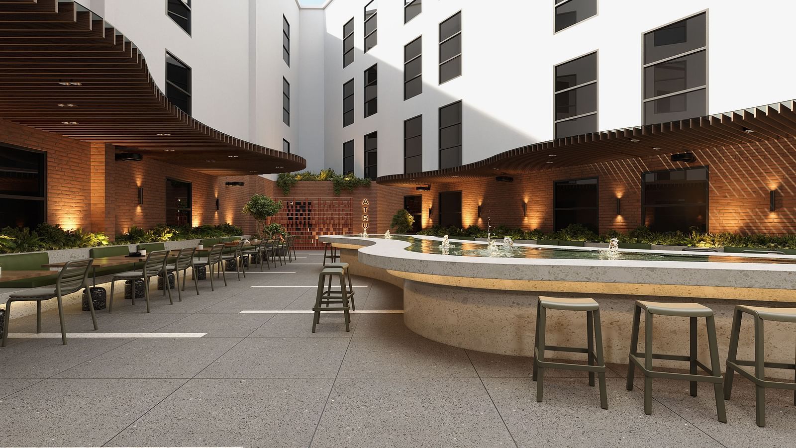 Comfortable dining seating at the Atrium at The Pelican Hotel, Accra.