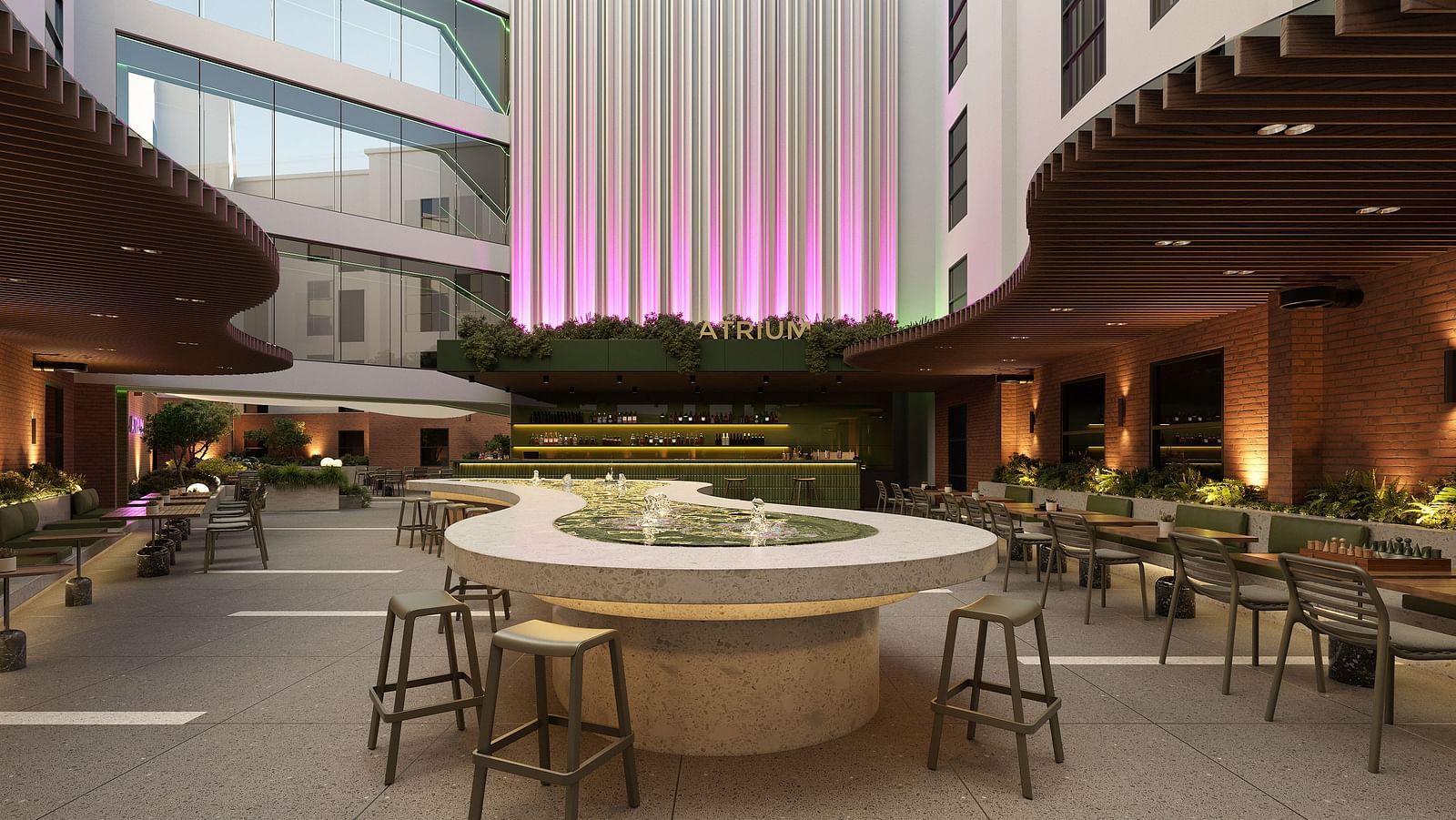 Comfortable dining seating at the Atrium at The Pelican Hotel, Accra.