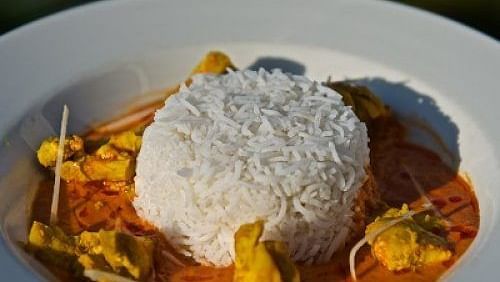 Plate of white rice and curry with vegetables, placed outdoors with blurred background | A Stone's Throw Away