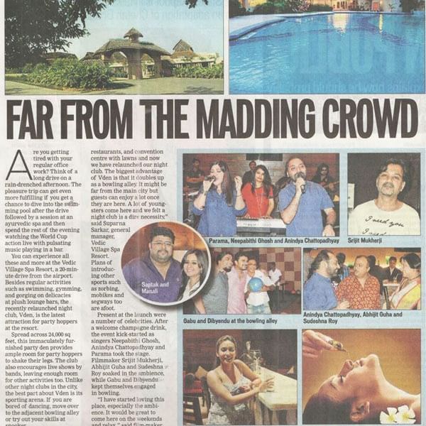 A newspaper page titled Far From the Madding Crowd featuring scenic resort photos and images of people enjoying leisure activities.