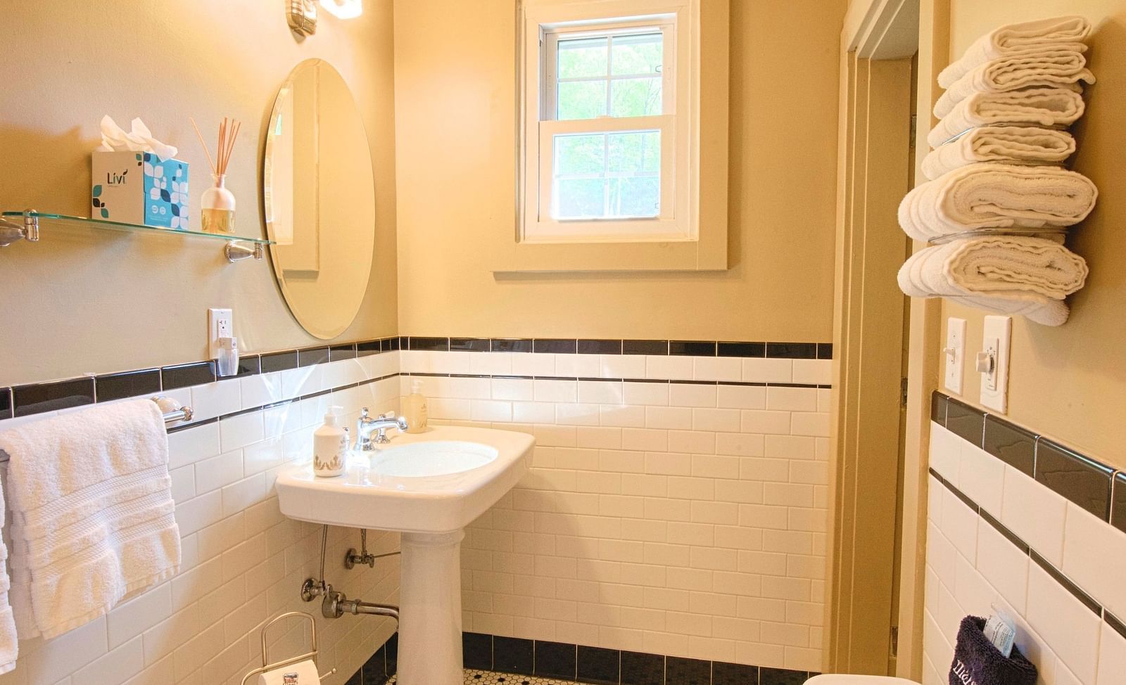 a bathroom with a commode and a wash basin alon with a wall mounted rack with folded towels - Historic Tapoco Lodge
