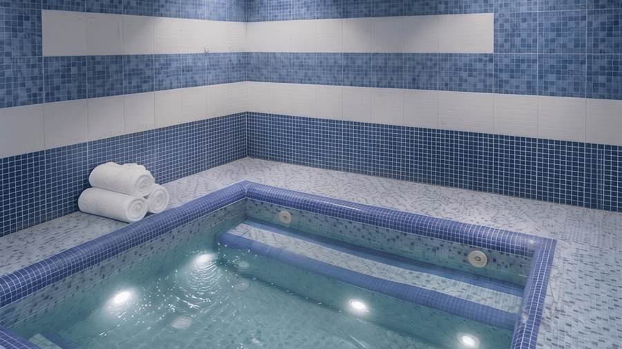 An indoor tiled Jacuzzi or small hydrotherapy pool set in a blue-and-white tiled room - Wood Castle Spa & Resort, Jim Corbett