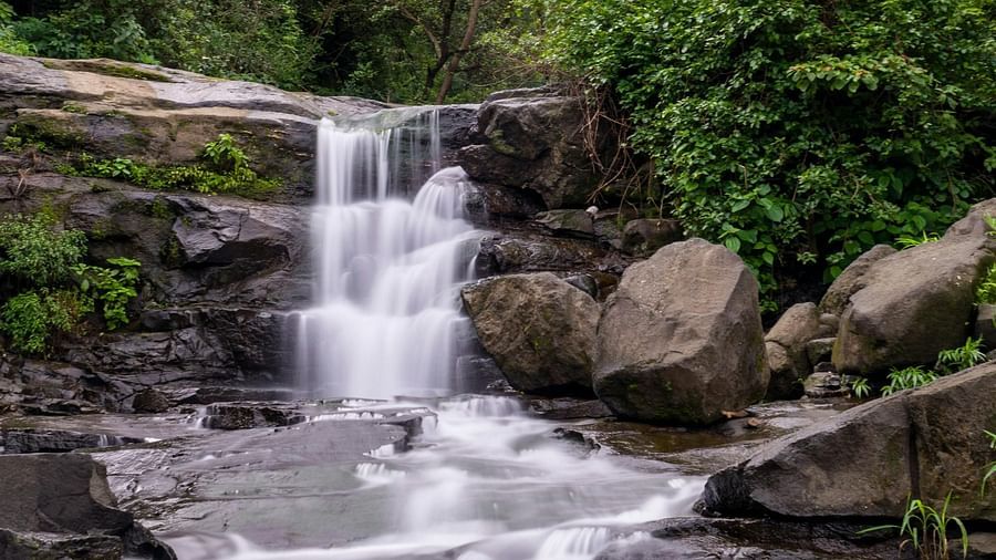 View of a beautiful waterfall with dense trees and mountains in the background.