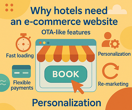 Infographic on hotel e-commerce needs with icons for speed, payments, personalization, and remarketing.