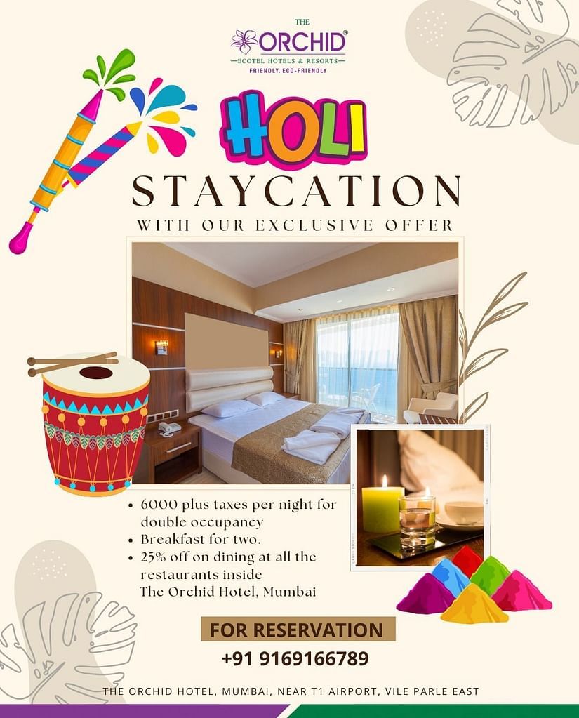 Festive poster for a Holi staycation. Includes images of a colorful hotel room, drum, paintbrushes, Holi powder, and food. Text describes special offers for March 8th-10th, 2020, with contact information for booking.