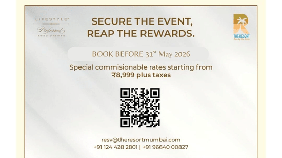 Promotional banner for The Resort Mumbai showcasing event venues, luxury rooms, dining spaces, and special commissionable event rates starting from Inr 8,999 plus taxes.