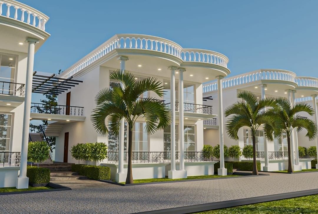 Corner view of a building with tall pillars supporting the roof from the ceiling.