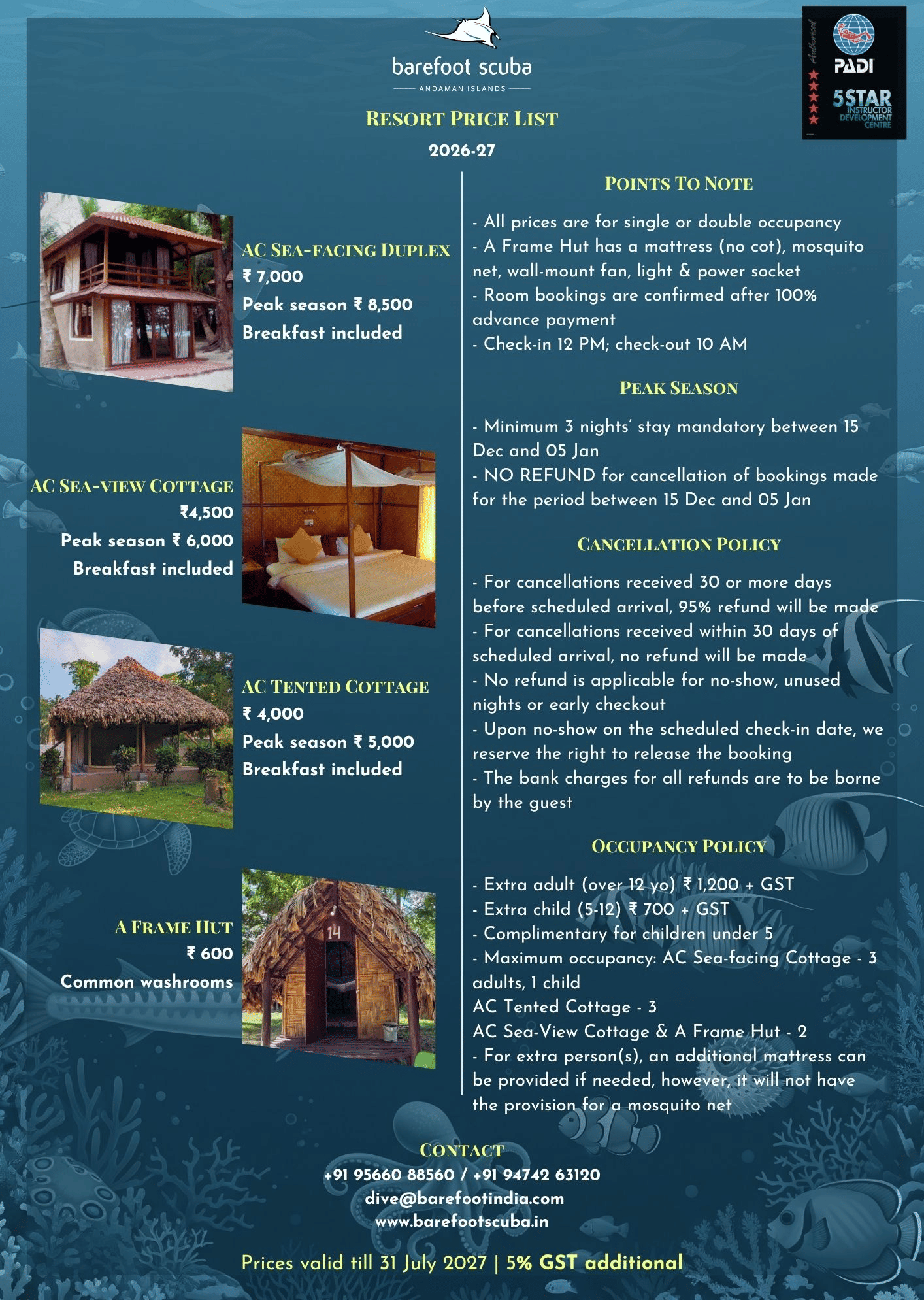 Island price list brochure displaying accommodation types, room photos, and terms at Barefoot Scuba Resort.