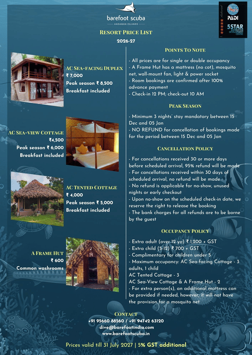 Island price list brochure displaying accommodation types, room photos, and terms at Barefoot Scuba Resort.