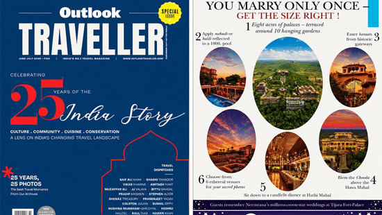 A media article from Outlook Traveller highlighting Tijara Fort-Palace by Neemrana Hotels as a premier wedding destination.