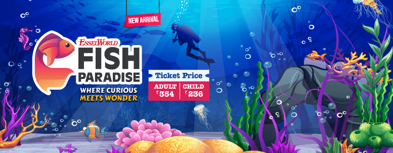 EsselWorld Fish Paradise underwater banner featuring a scuba diver exploring a vibrant marine world with colourful fish, coral reefs, jellyfish, bubbles, and deep blue ocean background promoting the new Fish Paradise attraction at EsselWorld Bird Park.