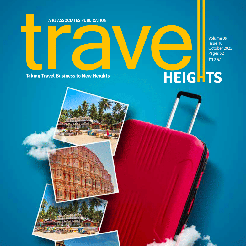 Travel Heights magazine cover showcasing a red suitcase with travel postcards and a bright blue background representing tourism and adventure