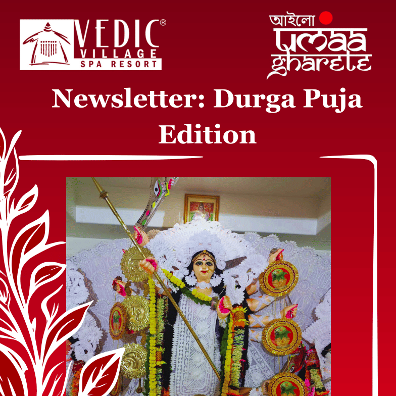 Vedic Spa Retreat newsletter cover featuring Durga Puja edition with a colourful image of Goddess Durga idol and festive design elements