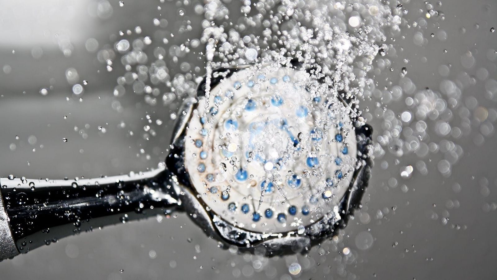 Close-up of a showerhead spraying water droplets.