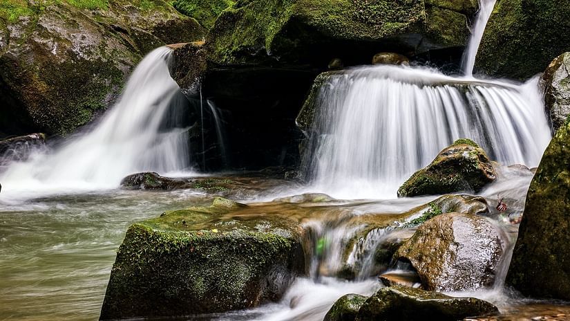 Water flowing down rocks covered in moss to a pool of water
