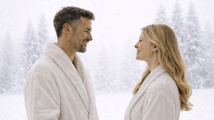 A couple wearing plush white robes stand together on a balcony at YO1 Longevity & Health Resorts, Catskills, overlooking a tranquil winter landscape that symbolises relaxation, reconnection and the peaceful luxury of a shared wellness retreat experience.