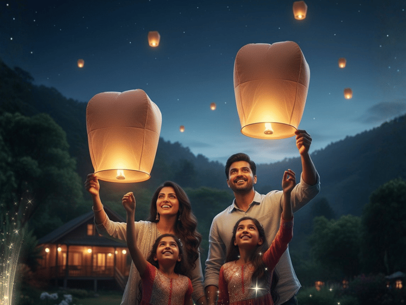 A group of people releasing flying lanterns against the backdrop of scenic hills.