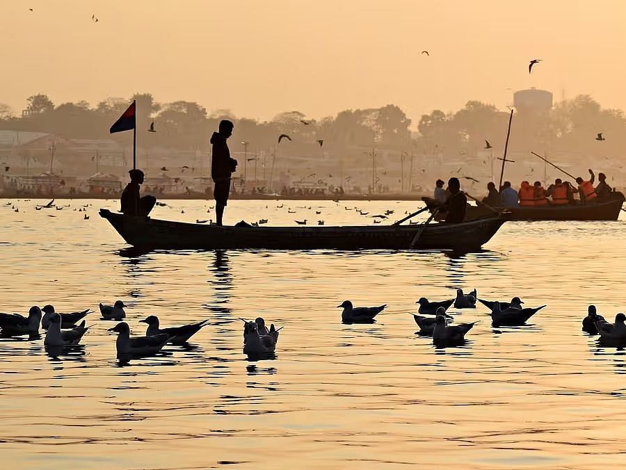 A small boat with people on it sails across a body of water, with birds flying nearby.
